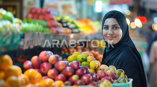 شراء الاحتياجات و المستلزمات المنزلية للمستهلك، صورة مقربة لامرأة عربية سعودية خليجية محجبة تقوم بالتبضع في قسم الخضار والفواكه في سوبرماركت، قضاء وقت ممتع في المركز التجاري, السلع والمواد غذائية المختلفة
