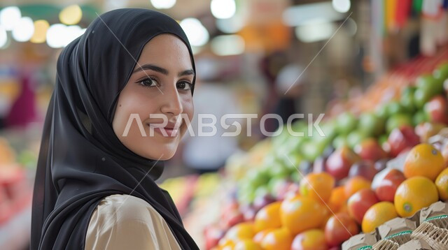 السلع والمواد غذائية المختلفة، قضاء وقت ممتع في المركز التجاري, شراء الاحتياجات و المستلزمات المنزلية للمستهلك، صورة مقربة لامرأة عربية سعودية خليجية محجبة تقوم بالتبضع في قسم الخضار والفواكه في سوبرماركت