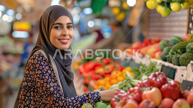 قضاء وقت ممتع في المركز التجاري, شراء الاحتياجات و المستلزمات المنزلية للمستهلك، صورة مقربة لامرأة عربية سعودية خليجية محجبة تقوم بالتبضع في قسم الخضار والفواكه في سوبرماركت، السلع والمواد غذائية المختلفة