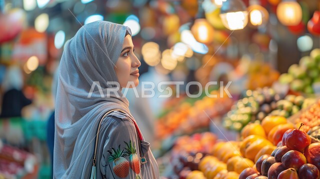 شراء الاحتياجات و المستلزمات المنزلية للمستهلك، صورة مقربة لامرأة عربية سعودية خليجية محجبة تقوم بالتبضع في قسم الخضار والفواكه في سوبرماركت، قضاء وقت ممتع في المركز التجاري, السلع والمواد غذائية المختلفة