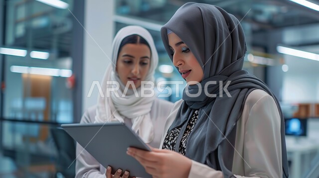 التركيز والعمل المتقن, اجتماع عمل وانجاز المشاريع, الحوارات والنقاشات ضمن الفريق, تطوير الاعمال والشركات, سيدتان عربيتان خليجيتان سعوديتان محجبتان تقومان بمناقشة الخطط وشرح مهام الاعمال  عبر جهاز التابليت، استخدام وسائل التقنيات الحديثة في العمل