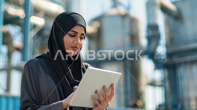 مهن ووظائف نسائية, استخدام الأجهزة والتقنيات الحديثة والمتطورة, ادارة وإنجاز المهام عن بعد، سيدة أعمال عربية خليجية سعودية محجبة ترتدي العباءة السوداء تستخدم جهاز التابليت المحمول, الإشراف والتدقيق على أهداف العمل