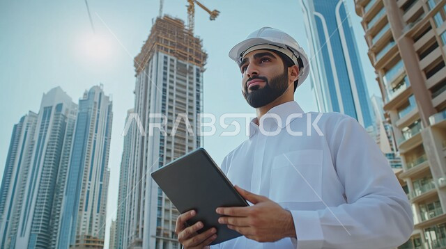 Working in the engineering sector, integrating modern technologies into business, development and growth in the field of engineering in the Kingdom of Saudi Arabia, a Saudi Arabian Gulf engineer wearing a safety helmet stands at the work site and holds a tablet in his hands
