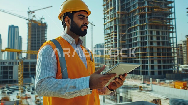 Working in the engineering sector, integrating modern technologies into business, development and growth in the field of engineering in the Kingdom of Saudi Arabia, a Saudi Arabian Gulf engineer wearing a safety helmet stands at the work site and holds a tablet in his hands