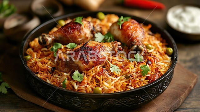 فنون تقديم الطعام في المطاعم الشرقية، مأكولات وأطباق عربية تقليدية، طبق من أرز المندي مع الدجاج المشوي والخضار الطازج، صحن من رز الكبسة، وصفات الطعام الصحية الشهية