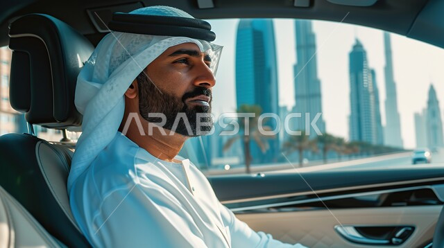 إتقان الرجل لقيادة السيارة في الطرق و الشوارع العامة، صورة من الجانب لشاب عربي اماراتي خليجي يجلس داخل سيارته، مفهوم الحرية و الاستقلال و الاعتماد على الذات، شاب سعودي يرتدي الكندورة والغترة ينظر لشيء ما، القيادة بحذر و اتباع قواعد الأمن و السلامة العامة