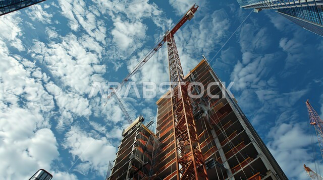 الأعمال الإنشائية وتطوير المدن في المملكة العربية السعودية، التطور والنمو المعماري والحضاري, صورة من الأسفل لتشييد المباني والمشاريع الضخمة، مفهوم تحسين البنية التحتية للبلاد، إنشاء الأساسات والهياكل للمشروعات السكنية والمصانع، منظر السماء المليئة بالغيوم