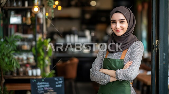 الوقوف باستقامة بأيدي متقاطعة والنظر الى الكاميرا بايماءات السعادة والسرور، قضاء وقت ممتع في المركز التجاري، السلع والمواد الغذائية المختلفة، شراء الاحتياجات والمستلزمات المنزلية للمستهلك، شابة عربية سعودية خليجية محجبة مبتسمة ترتدي اليونيفورم الخاص بالعمل