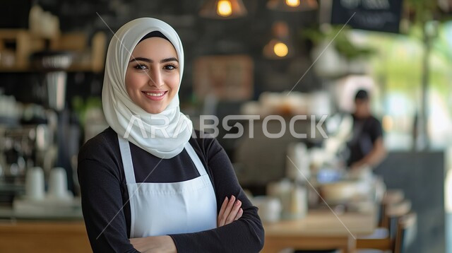 Buying household needs and supplies for the consumer, a smiling veiled Saudi Arabian Gulf young woman wearing a work uniform, standing straight with crossed arms and looking at the camera with gestures of happiness and pleasure, having a good time in the mall, various goods and food items