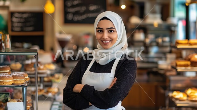 السلع والمواد الغذائية المختلفة، شراء الاحتياجات والمستلزمات المنزلية للمستهلك، شابة عربية سعودية خليجية محجبة مبتسمة ترتدي اليونيفورم الخاص بالعمل، الوقوف باستقامة بأيدي  متقاطعة والنظر الى الكاميرا بايماءات السعادة والسرور، قضاء وقت ممتع في المركز التجاري