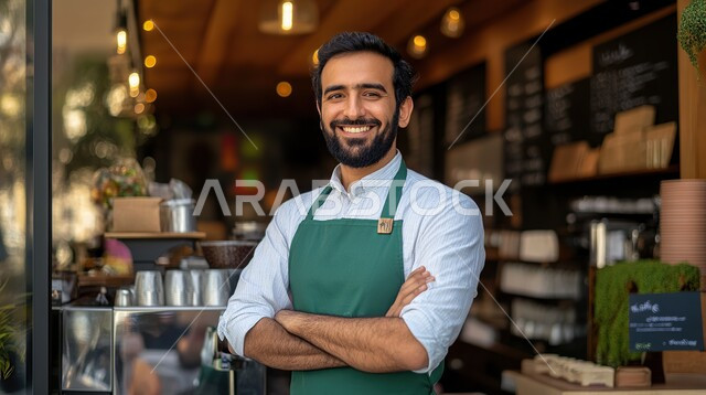 النظر الى الكاميرا بايماءات السعادة والسرور، قضاء وقت ممتع في المركز التجاري، السلع والمواد الغذائية المختلفة، شراء الاحتياجات والمستلزمات المنزلية للمستهلك، شاب عربي سعودي خليجي مبتسم يرتدي اليونيفورم الخاص بالعمل يقف باستقامة بأيدي متقاطعة بتعابير الثقة