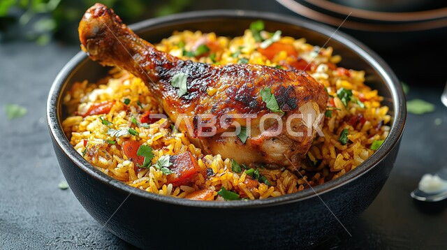 طبق من ارز البرياني الملون مع الدجاج المشوي المحمر والخضار، وجبة ذات قيمة غذائية عالية، فنون التقديم في مطاعم ومطابخ المملكة العربية السعودية، أطباق من المأكولات العربية التقليدية الشعبية، وصفات طعام شهية صحية لذيذة