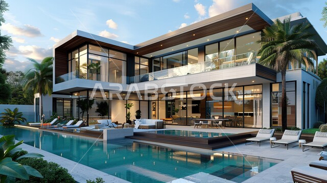 الفن الهندسي المعماري على الطراز الحديث للفلل والشقق السكنية والفنادق الفاخرة، التصميم الخارجي لفيلا مع حوض سباحة، تصاميم وديكورات عصرية فخمة، أماكن سياحية ترفيهية في المملكة العربية السعودية