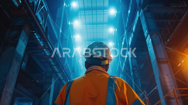 The development and growth of the engineering sector in the Kingdom, supervising projects at night inside the work site, a picture from the back of a Saudi Arabian Gulf civil engineer wearing a protection jacket and helmet, Saudi engineering professions and jobs