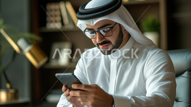 التواصل وتصفح الانترنت عبر وسائل التواصل الاجتماعي، رجل عربي خليجي سعودي يرتدي الثوب والغترة البيضاء يجلس على الأريكة ويحمل الجوال بيديه، قضاء اوقات ممتعة في العاب الاونلاين عبر الهاتف المحمول, مفهوم التسوق الالكتروني الذكي