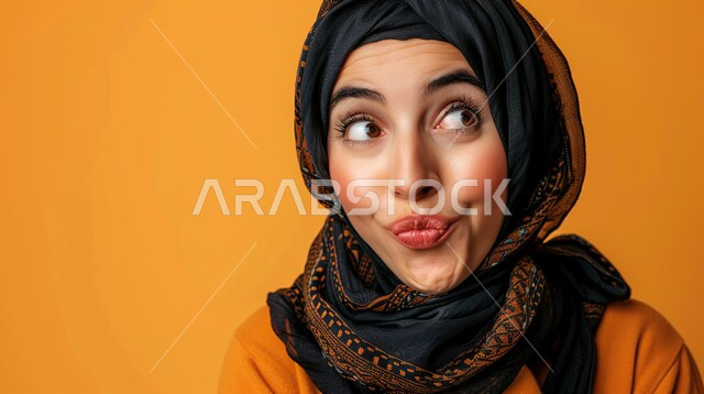 شرود الذهن في موضوع معين، بورتريه مقرب لشابة عربية خليجية سعودية محجبة تنظر الى شيء ما إيماءات التأمل والتمعن والتخطيط لأمر معين، مفهوم التفكير وإيجاد الحلول لمشكلة ما، تعابير الاندماج و الحيرة، خلفية برتقالي