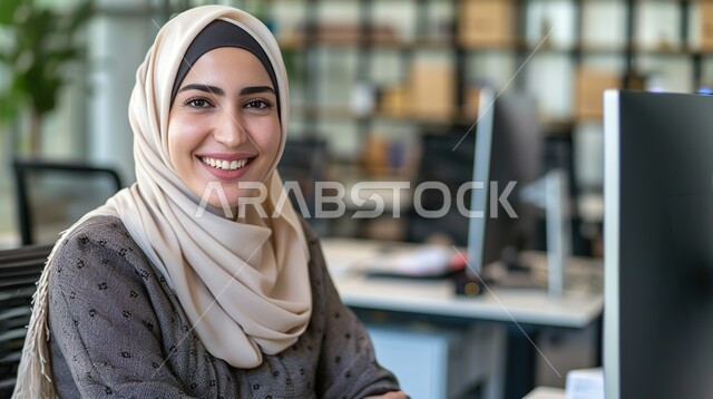 Using modern and advanced technological devices, managing and organizing business affairs, a picture of a smiling Saudi Gulf Arab woman working on the computer inside the office, working to achieve goals and strategies, office administrative professions and jobs.
