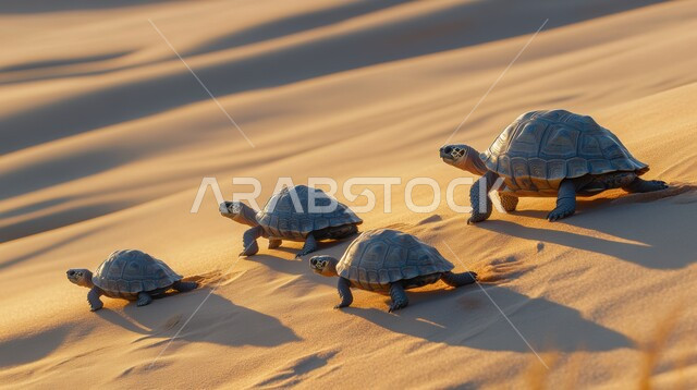 الحيوانات و الزواحف البرية تعيش في المناطق الصحراوية, صورة مقربة لمجموعة من السلاحف الصغيرة تسير في الصحراء, الطبيعة الرملية في الصحاري, منظر الرمال الذهبية الناعمة تحت أشعة الشمس