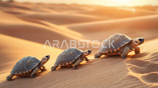الحيوانات و الزواحف البرية تعيش في المناطق الصحراوية, صورة مقربة لمجموعة من السلاحف الصغيرة تسير في الصحراء, الطبيعة الرملية في الصحاري, منظر الرمال الذهبية الناعمة تحت أشعة الشمس