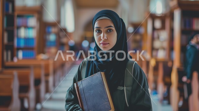 قراءة الكتب في مكتبة الجامعه، صورة مقربة لشابة عربية سعوديه خليجيه محجبة تمسك بيديها الكتب وتنظر الى الكاميرا بايماءات السرور، مفهوم القراءه والثقافه والتعليم الذاتي، جامعات اكاديميه في المملكه العربيه السعوديه, برامج وكليات متطورة