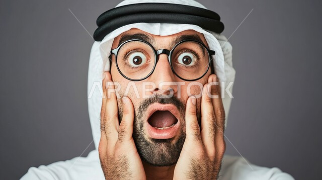 إيماءات وجه ويدين تدل على الدهشه, بورتريه لرجل عربي إماراتي خليجي يرتدي الزي الإماراتي التقليدي, التعجب, الاستغراب من شيئ ما, الصدمه والذهول والمفاجأة, خلفية رمادي