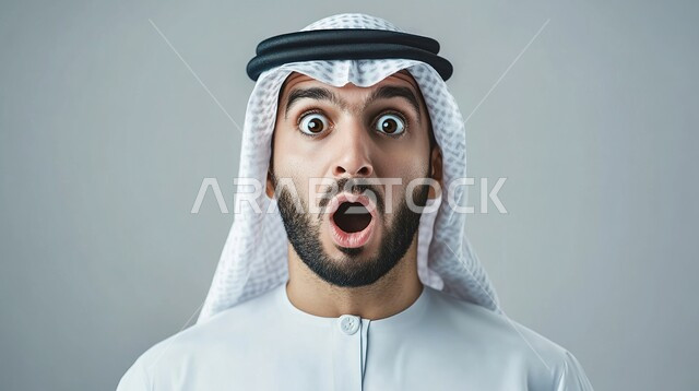 إيماءات وجه تدل على الدهشه, بورتريه لرجل عربي إماراتي خليجي يرتدي الزي الإماراتي التقليدي, التعجب, الاستغراب من شيئ ما, الصدمه والذهول والمفاجأة, خلفية رمادي