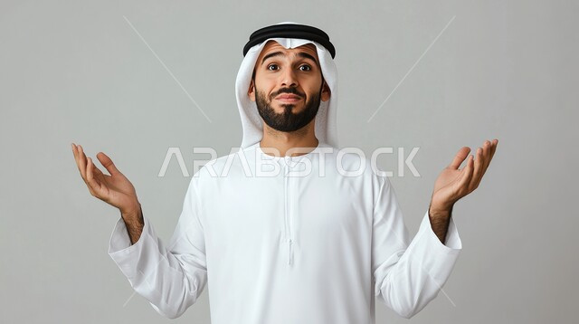 إيماءات وجه ويدين تدل على الدهشه, بورتريه لرجل عربي إماراتي خليجي يرتدي الزي الإماراتي التقليدي, التعجب, الاستغراب من شيئ ما, الصدمه والذهول والمفاجأة, خلفية رمادي