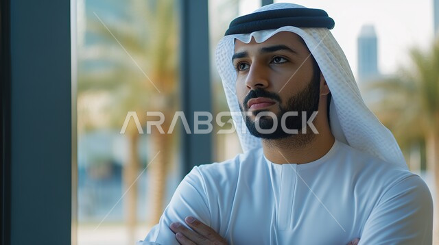 Concern with external appearance, the concept of elegance, elegance and masculinity, a close-up image of an Arab Gulf Emirati man wearing traditional clothing, standing upright, looking at the camera with gestures of self-confidence and pleasure.