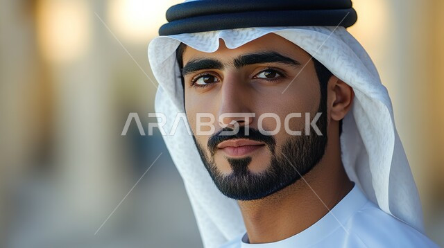 Concern with external appearance, the concept of elegance, elegance and masculinity, a close-up image of an Arab Gulf Emirati man wearing traditional clothing, standing upright, looking at the camera with gestures of self-confidence and pleasure.