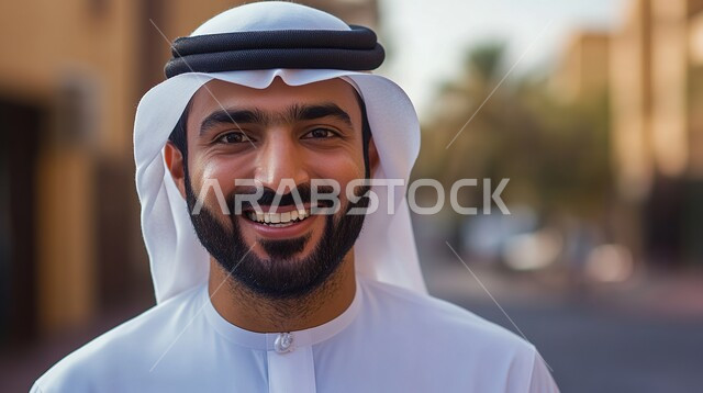 Concern with external appearance, the concept of elegance, elegance and masculinity, a close-up image of an Arab Gulf Emirati man wearing traditional clothing, standing upright, looking at the camera with gestures of self-confidence and pleasure.