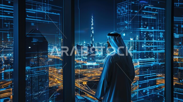 النمو والتطور العمراني في الإمارات العربية المتحدة,  المباني والمنشآت الاقتصادية المالية، الأبراج وناطحات السحاب السكنية والتجارية، رؤية مستقبلية 2031، رجل عربي خليجي إماراتي يرتدي الكندورة والغترة يقف أمام واجهة زجاجية تطل على المعالم السياحية المشهورة