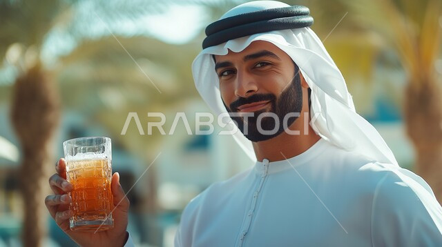 الاهتمام بالمظهر الخارجي، مفهوم الأناقة و الشياكة والرجولة، صورة مقربة لرجل عربي خليجي اماراتي يرتدي الزي التقليدي ويمسك بيده كوب عصير منعش، النظر إلى الكاميرا بإيماءات والسرور