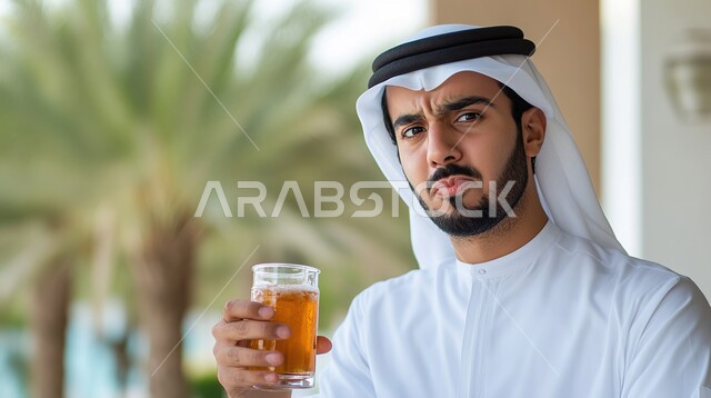 الاهتمام بالمظهر الخارجي، مفهوم الأناقة و الشياكة والرجولة، صورة مقربة لرجل عربي خليجي اماراتي يرتدي الزي التقليدي ويمسك بيده كوب عصير منعش، النظر إلى الكاميرا بإيماءات الغضب