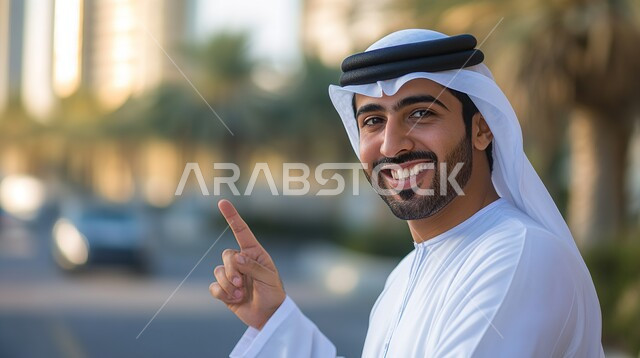 الاهتمام بالمظهر الخارجي، مفهوم الأناقة و الشياكة والرجولة، صورة مقربة لرجل عربي خليجي اماراتي يرتدي الزي التقليدي يشير الى شيء ما بواسطة رفع الاصبع السبابة، النظر إلى الكاميرا بإيماءات السرور