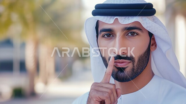 الاهتمام بالمظهر الخارجي، مفهوم الأناقة و الشياكة والرجولة، صورة مقربة لرجل عربي خليجي اماراتي يرتدي الزي التقليدي رفع اصبع السبابة بتعابير الصمت، النظر إلى الكاميرا بإيماءات الثقة