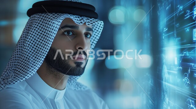 Developing artificial intelligence technologies, achieving the industrial revolution, adopting modern technologies and technology in work, digital transformation and technological progress, a close-up of a Saudi Arabian Gulf man wearing a traditional thobe and shemagh watching the holographic screen, Saudi technological future vision 2030