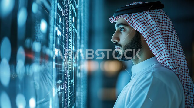 اعتماد التقنيات والتكنولوجيا الحديثة في العمل، التحول الرقمي والتقدم التقني، صورة مقربة لرجل عربي خليجي سعودي يرتدي الثوب التقليدي والشماغ يراقب الشاشة الهيلوجرامية، رؤية مستقبلية تكنولوجية سعودية 2030، تطوير تقنيات الذكاء الاصطناعي، تحقيق الثورة الصناعية