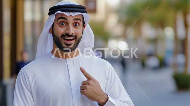 Concern with external appearance, the concept of elegance, elegance and masculinity, a close-up image of an Arab Gulf Emirati man wearing traditional clothing, pointing with his index finger at himself with an expression of surprise.