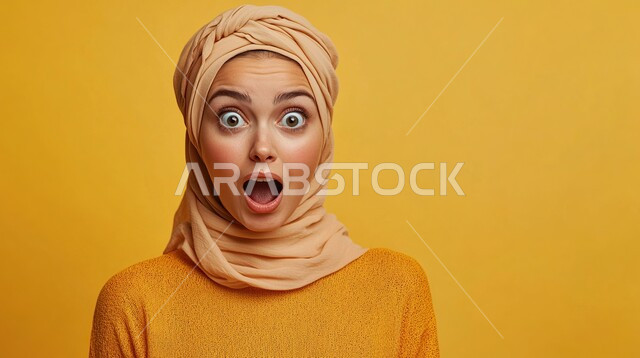 ايماءات تدل على الذهول لسماع خبر مفاجئ، الصدمة والتعجب من حصول أمر ما، بورتريه مقرب لامرأة عربية خليجية سعودية محجبة تنظر إلى الكاميرا بتعابير الدهشة والخوف، خلفية اصفر