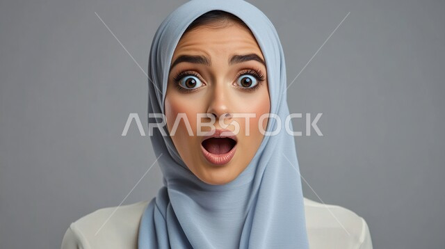 ايماءات تدل على الذهول لسماع خبر مفاجئ، الصدمة والتعجب من حصول أمر ما، بورتريه مقرب لامرأة عربية خليجية سعودية محجبة تنظر إلى الكاميرا بتعابير الدهشة والخوف، خلفية رمادي