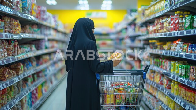 النظر إلى شيء ما والاستعداد للتسوق وشراء الحاجات من المراكز التجارية، الاستفادة من التخفيضات والعروض على المنتجات، صورة من الخلف لسيدة عربية خليجية سعودية ترتدي العباءة السوداء تقوم بالتسوق، قضاء وقت ممتع في المول