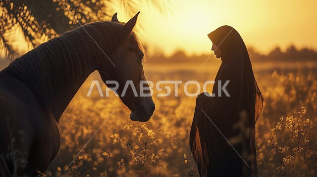 اتباع تقاليد الأجداد في رعاية وتربية الجياد العربية الأصيلة، مفهوم الفروسية وهواية ركوب الخيل، صورة  لامرأة عربية خليجية سعودية محجبة بجانب فرس لونه بني و أصيل, إرث الأجداد في رعاية وتربية الخيول