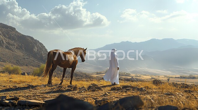 اتباع تقاليد الأجداد في رعاية وتربية الجياد العربية الأصيلة، مفهوم الفروسية وهواية ركوب الخيل، صورة  لامرأة عربية خليجية سعودية محجبة بجانب فرس لونه بني و أصيل, إرث الأجداد في رعاية وتربية الخيول