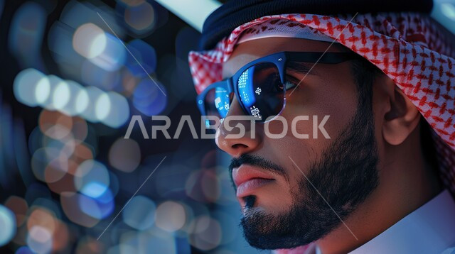 Concern about one's appearance, close-up of a Saudi Arabian Gulf businessman wearing a shemagh and sunglasses, looking at a place with gestures of seriousness and firmness, feeling self-confident, concept of masculinity and elegance