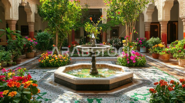 الاستمتاع بالمناظر الطبيعيه المتميزة, مفهوم حب الاسترخاء و الهدوء, نافورة مياه حجرية في فناء أحد الحدائق المنزلية  في المملكة العربية السعودية، الاهتمام في زراعه النباتات و الاشجار والورود، النقوش والزخارف للأعمدة والأقواس على الطراز لإسلامي