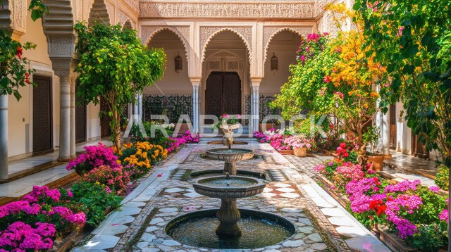 الاستمتاع بالمناظر الطبيعيه المتميزة, مفهوم حب الاسترخاء و الهدوء, نافورة مياه حجرية في فناء أحد الحدائق المنزلية  في المملكة العربية السعودية، الاهتمام في زراعه النباتات و الاشجار والورود، النقوش والزخارف للأعمدة والأقواس على الطراز لإسلامي