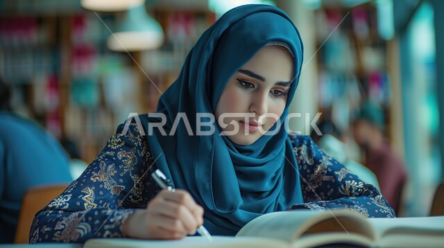 A diligent student following her lessons inside the classroom, back to school, education in schools in the Kingdom of Saudi Arabia, a close-up of a young Saudi Arabian Gulf woman sitting at a study table reviewing lessons and doing homework, school supplies and books