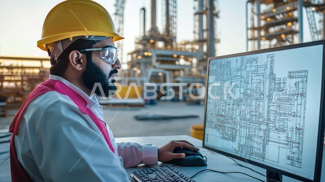 جوده معامل ومعدات إنتاج النفط, صورة من الجانب لمهندس عربي سعودي خليجي يرتدي الخوذة و يجلس على مكتب وامامه الحاسوب يقوم بمتابعة سير أعمال المصنع، استخدام التقنيات والتكنولوجيا الحديثة في إنتاجية الغاز في المملكة العربية السعودية, خلفية مصفاة البترول