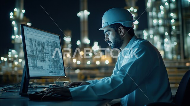جوده معامل ومعدات إنتاج النفط, صورة من الجانب لمهندس عربي سعودي خليجي يرتدي الخوذة و يجلس على مكتب وامامه الحاسوب يقوم بمتابعة سير أعمال المصنع، استخدام التقنيات والتكنولوجيا الحديثة في إنتاجية الغاز في المملكة العربية السعودية, خلفية مصفاة البترول