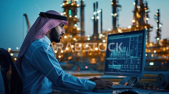 جودة معامل ومعدات إنتاج النفط, صورة من الجانب لمهندس عربي سعودي خليجي يرتدي الشماغ مع الثوب  يجلس على مكتب وامامه الحاسوب يقوم بمتابعة سير أعمال المصنع، استخدام التقنيات والتكنولوجيا الحديثة في إنتاجية الغاز في المملكة العربية السعودية, خلفية مصفاة البترول